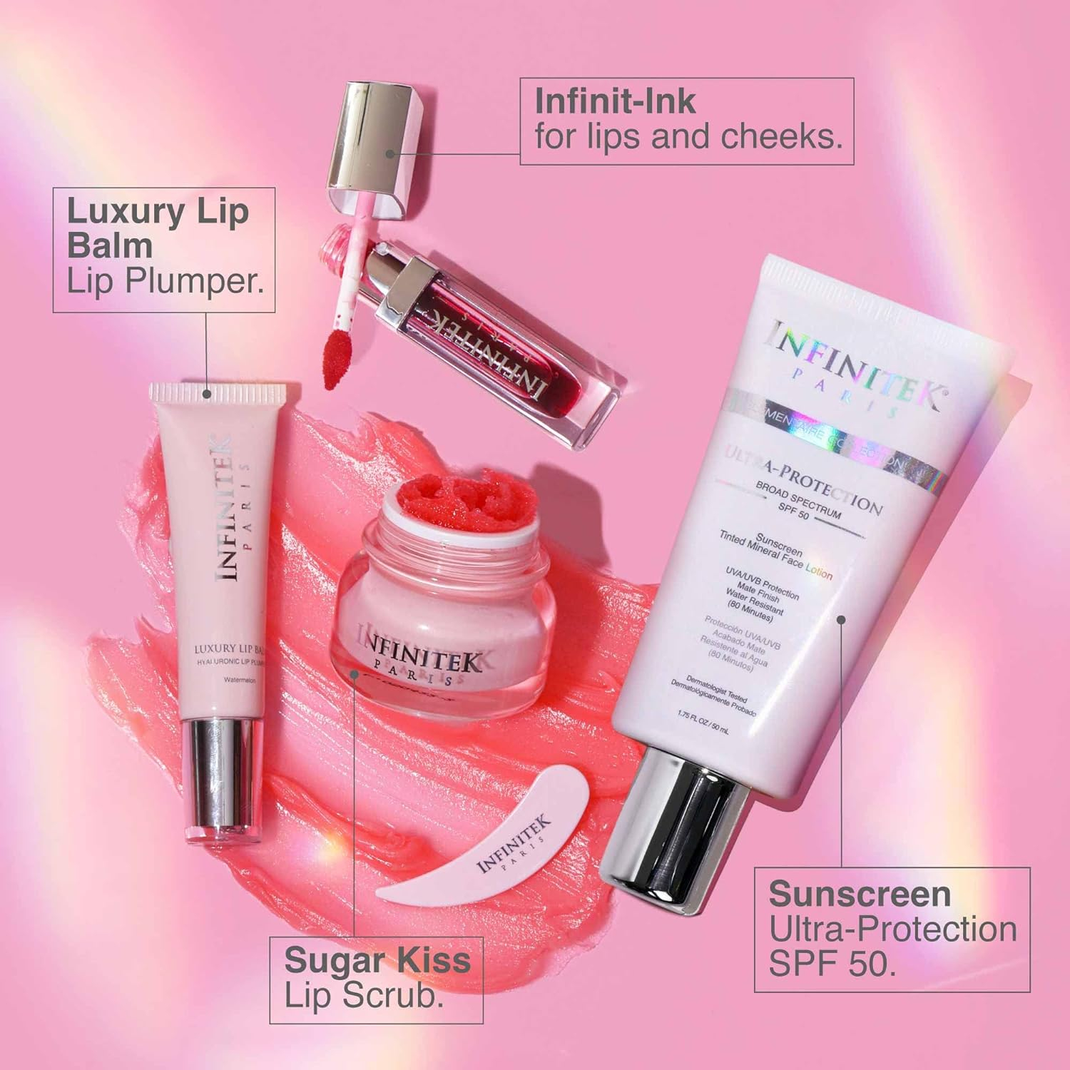 Infinitek® Paris, Natural Look Kit – Sugar Kiss Lip Scrub + Lip Balm Lip Plumper + INK Lip & Cheek and Face Sunscreen Tinted